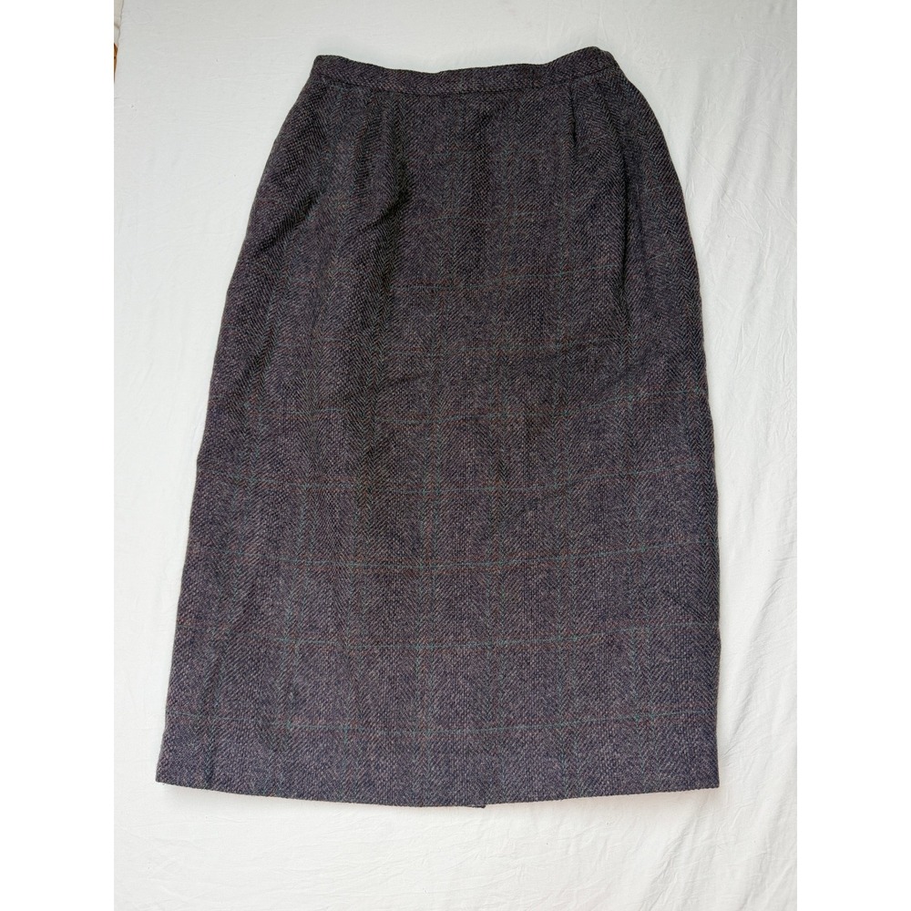 Bretton Place Vintage 100% Wool Herringbone Plaid Midi Skirt Purple Brown Sz 12